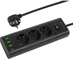 Blow PS-350T 3 lizdų maitinimo prailginimo kabelis 3xUSB+USB-PD 1.5m juodas 3x1mm