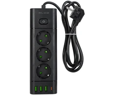 Blow PS-350T 3 lizdų maitinimo prailginimo kabelis 3xUSB+USB-PD 1.5m juodas 3x1mm