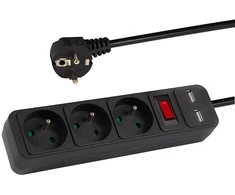 Blow PR-370WSP/USB tinklo ilgintuvas 3 lizdų + USB su įžeminimu + jungiklis 3m Juodas 3x1.5mm