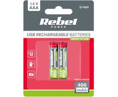 Akumulatorki REBEL AAA baterijos, 400 mAh, ličio jonų, 1,5 V, 2 vnt./bl, R3, C tipo lizdas
