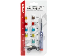 Mini saugiklių rinkinys (10 vnt.) + įtampos matuoklis amio-03524
