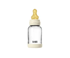 Bibs SEILINTUKAI - stiklinis kūdikių buteliukas, apvalus, lateksinis, lėto srauto - dramblio kaulo spalvos - 120 ml