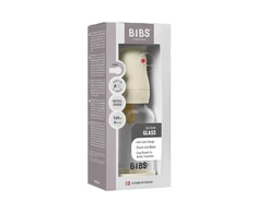 Bibs SEILINTUKAI - stiklinis kūdikių buteliukas, apvalus, lateksinis, lėto srauto - dramblio kaulo spalvos - 120 ml