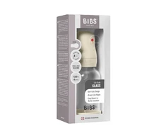 Bibs SEILINTUKAI - stiklinis kūdikių buteliukas, apvalus, silikoninis, 1 pakuotė, 120 ml, lėto srauto - dramblio kaulo spalvos - 120 ml