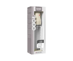 Bibs SEILINTUKAI - stiklinis kūdikių buteliukas apvalus silikoninis vidutinio srauto - dramblio kaulo spalvos - 240 ml