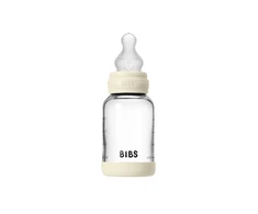 Bibs SEILINTUKAI - stiklinis kūdikių buteliukas, apvalus, silikoninis, 1 pakuotė, 120 ml, lėto srauto - dramblio kaulo spalvos - 120 ml