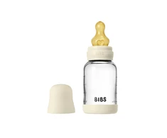 Bibs SEILINTUKAI - stiklinis kūdikių buteliukas, apvalus, lateksinis, lėto srauto - dramblio kaulo spalvos - 120 ml