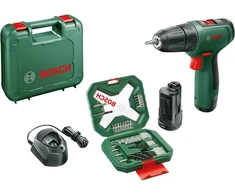 „Bosch DIY“ – akumuliatorinis gręžtuvas-suktuvas „EasyDrill 1200“ + 34 dalių antgalių ir grąžtų rinkinys (2 x ličio jonų akumuliatoriai 1,5 Ah, lagaminas)