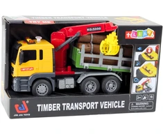 Lean Toys Geltonas medienos gabenimo sunkvežimis su kranu 1:14