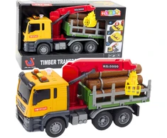 Lean Toys Geltonas medienos gabenimo sunkvežimis su kranu 1:14