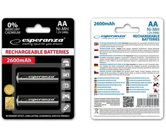 EZA105 Esperanza įkraunamos Ni-MH AA didelės talpos 2600 mAh baterijos, 2 vnt. juodos