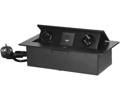 Orno Gniazda Baldų lizdai, įleidžiami į stalviršį, su plokščiu frezuotu kraštu, USB įkrovikliu ir 1,5 m laidu, 2x2P+Z, 2xUSB (A+C tipo; 3,6A), juodos spalvos