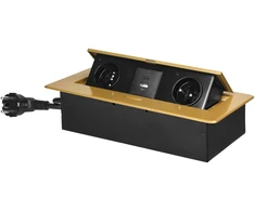 Orno Gniazda Į stalviršį įleidžiami baldų lizdai su plokščiu frezuotu kraštu, USB įkrovikliu ir 1,5 m laidu, 2x2P+Z, 2xUSB (A+C tipo; 3,6A), aukso spalvos