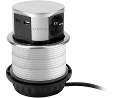 Gniazdo Lizdas Baldinis lizdas Ø10cm, ištraukiamas iš stalviršio, su USB įkrovikliu ir 1,5m laidu, 3x2P+Z (Schuko), 2xUSB (A+C tipo; maks. 3A), sidabrinis