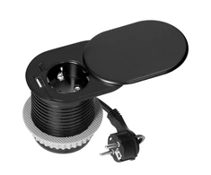 Gniazdo Lizdas Baldinis lizdas Ø6cm, įleidžiamas į stalviršį su stumdomu dangteliu, USB įkrovikliu ir 1,9m laidu, 1x2P+Z (prancūziškas), 2xUSB (A+C tipo; PD20W), juodas