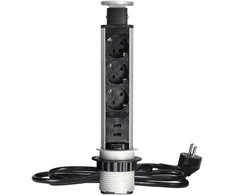 Orno Lizdas Baldinis lizdas Ø6cm, ištraukiamas iš stalviršio, su USB įkrovikliu, spyna ir 1,8m laidu, 3x2P+Z (Schuko), sidabrinis