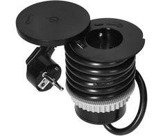 Orno Lizdas Baldinis lizdas Ø6cm su besisukančiu dangteliu, indukciniu įkrovikliu, USB įkrovikliu ir 1,5m laidu, 1x2P+Z, Qi 1.2.4 maks. 10W, 2xUSB (A ir C tipo, 2,4A), juodas