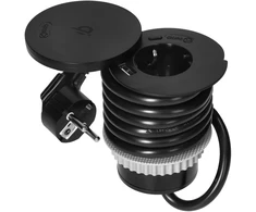 Orno Lizdas Baldinis lizdas Ø6cm su besisukančiu dangteliu, indukciniu įkrovikliu, USB įkrovikliu ir 1,5m laidu, 1x2P+Z (Schuko), Qi 1.2.4 maks. 10W, 2xUSB (A ir C tipo, 2,4A), juodas