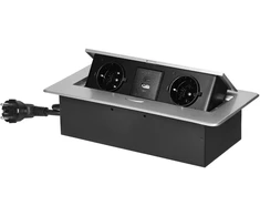 Orno Lizdas Baldinis lizdas, įleidžiamas į stalviršį, su plokščiu frezuotu kraštu, USB įkrovikliu ir 1,5 m laidu, 2x2P+Z (Schuko), 2xUSB (A+C tipo; 3,6A), sidabrinis