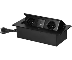 Orno Lizdas Baldinis lizdas, įleidžiamas į stalviršį, su plokščiu frezuotu kraštu, USB įkrovikliu ir 1,5 m laidu, 2x2P+Z (Schuko), 2xUSB (A+C tipo; 3,6A), juodas