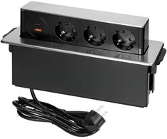 Gniazdo Lizdas Baldinis lizdas, išsikišantis iš stalviršio, su plokščiu frezuotu kraštu, USB įkrovikliu ir 2 m laidu, 3x2P+Z (Schuko), 2 x USB (A+C tipo; PD20W), 3x1,5mm², INOX