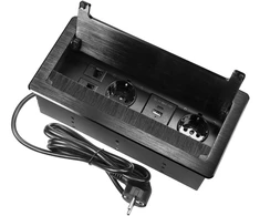 Gniazdo Lizdas Baldų lizdas, įleidžiamas į stalviršį, su plokščiu frezuotu kraštu, apsaugančiu nuo dulkių ir 1,5 m laidu, 2x2P+Z (Schuko), 2xUSB (A+C tipo; 3,6A), 2xNET, juodas