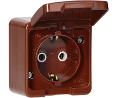 Gniazdo Lizdas Viengubas 2P+Z SCHUKO lizdas, atsparus vandens purslams, su atvartu, gaminio spalvos, IP44, SMART, rudas