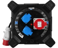 Hand Power Przedłużacz bębnowy kwadratowy linija hand pwr; 4p+su; 2x2p+su; ip44; 16a;400v; h07rn-f; 5×2,5; 20m;schuko; juoda