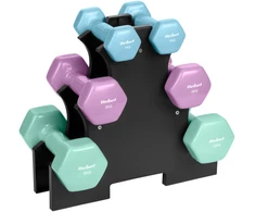 Hantelki żeliwne winylowe HEX komplektas 12kg ze stojakiem (2x1kg+2x2kg+2x3kg), REBEL ACTIVE