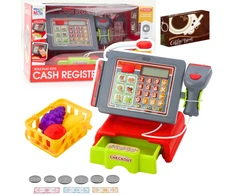 Lean Toys Vaikiškas kasos aparatas su priedais ir pirkinių krepšiu