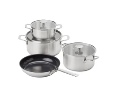 KitchenAid - Nerūdijančio plieno indų rinkinys: puodas su dangčiu (16 cm, 20 cm, 24 cm) + keptuvė (24 cm) - sidabro spalvos
