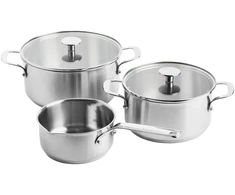 KitchenAid - Nerūdijančio plieno lakštų rinkinys: 20 cm troškintuvas su dangčiu, 24 cm troškintuvas su dangčiu, 16 cm puodas (be dangčio) - sidabro spalvos