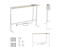Konsolė / stolik su listwą ładującą Maclean, balta su jasnym blatem, reg. aukščio 62-83cm, max 25kg,przewód 2,5m, MC-140 W
