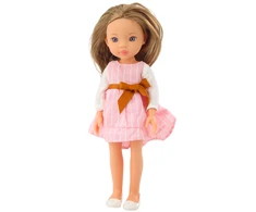 Lean Toys Lėlė su rausva suknele ir kaspinu, ilgi rudi plaukai