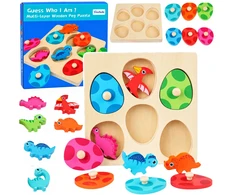 Lean Toys Edukacinė medinė dėlionė, dinozaurų tema, įvairiaspalvė, 17,5 × 17,5 cm
