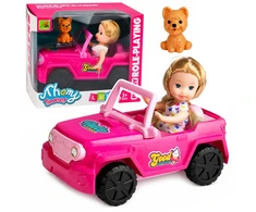 Lean Toys Mini lėlė su kabrioletu–visureigiu ir šuniuku rožinė 3 vnt.