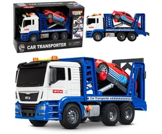 Lean Toys Žaislinis autovežis su sportiniu automobiliu, mėlynas ir baltas, 31,5 × 19,5 × 11 cm