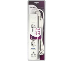 Orno Listwa Apsauginė juostelė nuo viršįtampių, 4 lizdai 2P+Z (Schuko), 3x1.0mm² laidas, 3m, su apšviestu dvipoliu jungikliu. 16A/230 VAC, 3 tipo viršįtampių apsauga, 2xUSB 2.1A įkroviklis, balta
