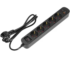 Listwa Apsauginė juostelė nuo viršįtampių, 5 lizdai 2P+Z (Schuko), laidas 3x1.5mm2, ilgis 1.5m, su apšviestu dvipusiu jungikliu, 16A, apsauga nuo viršįtampių, įkroviklis 2xUSB, 2.1A, plokščias kištukas, juodas