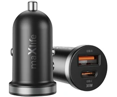 Maxlife MXCC-05 PD QC automobilinis įkroviklis 1x USB-C 1x USB 35W juodas