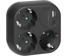 Orno Rozgałęźnik 3x2P+Z, Schuko, su ładowarką USB-A+C, 15,5 W, juoda