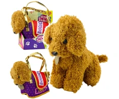 Lean Toys Pliušinis pudelis su užsegamu krepšiu, šviesiai rudas