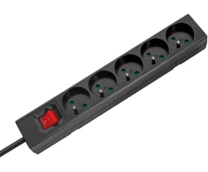 Przedłużacz 5 gniazd 5m typu francuskiego su przełącznikiem (3x1,5mm) Rebel juoda