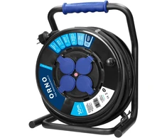 Orno Przedłużacz Profesionalus IP44 prailginimo laido ritė, 4 lizdai 2P+Z (schuko), alyvai atsparus guminis kabelis, H07RN-F 3x2,5mm², ilgis 20m, unikalus CUBE stovas, FIKSUOTI LIZDAI, šiluminės perkrovos relė, srovės kelio sklendės