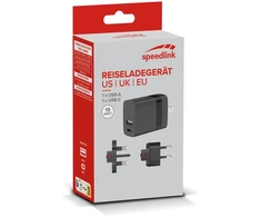 „Speedlink“ – kelioninis įkroviklis su USB-A ir USB-C 15 W jungtimis, skirtas JAV, JK ir ES, juodas