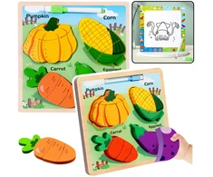 Lean Toys Medinė lavinamoji dėlionė su daržovėmis ir piešimo lenta