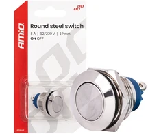 Włącznik płaski apvalus plieno on/off 19mm 5a 12/230v amio-04474
