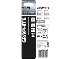 Hss metalinis grąžtas GRAPHITE 54T996 DIN 340 prailgintas 6 mm