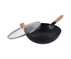 King Hoff Wok Keptuvė su dangčiu, 30 cm, anglinio plieno, marmurinė nelimpanti danga, medinė rankena, „Kinghoff“, kh-1984