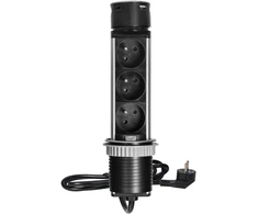 Orno Wpuszczane Įleidžiamas baldų lizdas Ø6cm su USB įkrovikliu ir 1,5m laidu, 3x2P+Z, 2xUSB (A ir C tipo), INOX